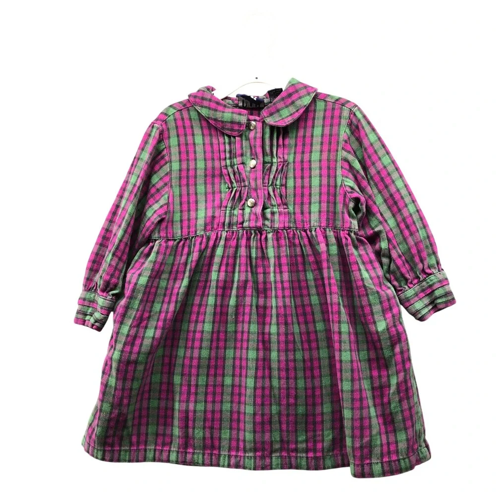 Vintage 90s Gap Girls‎ 3T Plaid Flannel Dress Purple Green Long Sleeve Collared